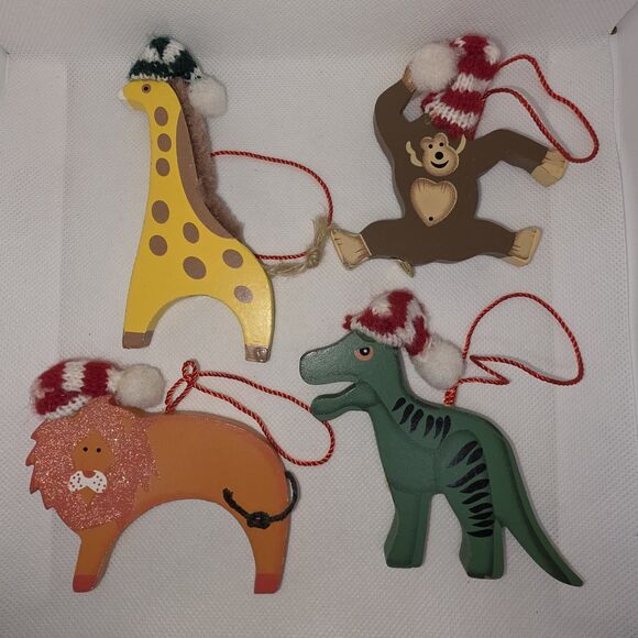 Set of 4 Wooden Christmas Animal Ornaments - Giraffe, Monkey, Lion & Dinosaur - Picture 2 of 15